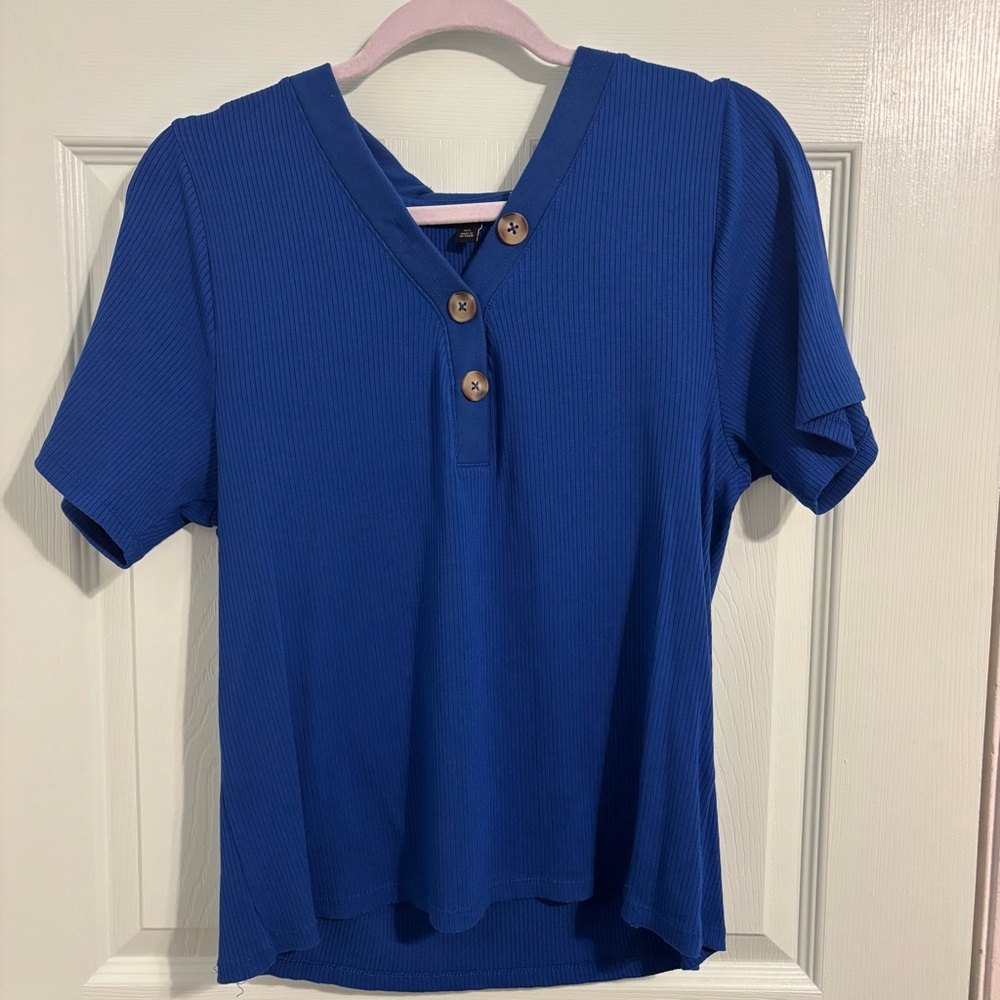 Blue Short Sleeve Button Top